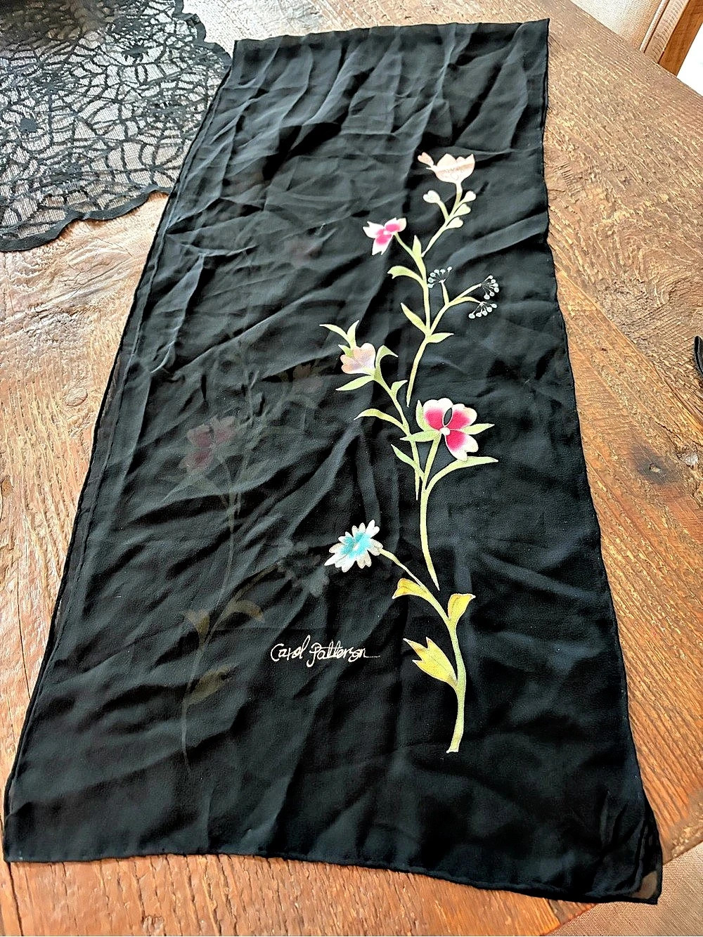 Carol Patterson Floral Embroidered Black Scarf - Purdue scarf perfect